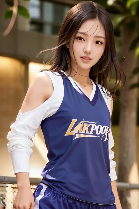 (skin blemish:1.2), (skindentation), black eye, 1woman, 25yo, (((woman))), solo, realistic, best quality, photorealistic, masterpiece, 8k, high res, solo, extremely detailed face, (professional lighting, bokeh), (light particles, lens flare, glowing particles:0.6), (dynamic pose:1.2), soft lighting, top angle view, fashionable and trendy atmosphere, japan, street, tokyo, basketball playground, ((daytime)), sky, ((looking at the viewer:1)), (looking at the camera),(portrait:0.6), cowboy shot, gorgeous, standing, keep original facial proportion, wide shoulder, full body, (small breast), (medium hair), brown hair, floating hair, lips, lipstick, seductive smile, floating hair, smile, open_mouth, teeth, hoodie, sport wear, basketball jersey, t-shrit, sport shorts, woman basketball player wear, long dress, flowery print summer dress, eyelashes, mole, (mole under eye:1), <lora:MandyT:0.8>