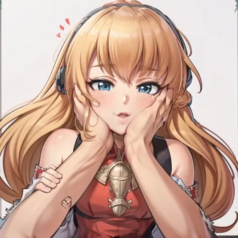 masterpiece, high quality cg, best quality, cheek squash, (1boy, pov, disembodied hands, white sleeves), hands on another's cheeks, 1girl, blonde hair, red dress, puffy cheeks