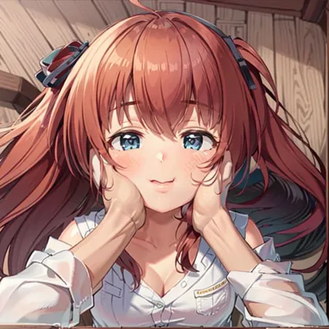 masterpiece, high quality cg, best quality, cheek squash, (1boy, pov, disembodied hands, white sleeves), hands on another's cheeks, 1girl, red hair, cleavage, library, puffy cheeks