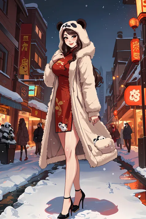 chinese milf, long curled hair, brown eyes, cute smile,
chinese dress, heels,
outside during a snowy winter, cityscape in china, at night, cinematic lighting, standing position,
<lora:b34rc04t:0.8> b34rc04t, (white fuzzy jacket with a panda pattern:1.2), open coat, animal hood, 
 <lora:age_slider_v6:1.4> <lora:detail_slider_v4:3>