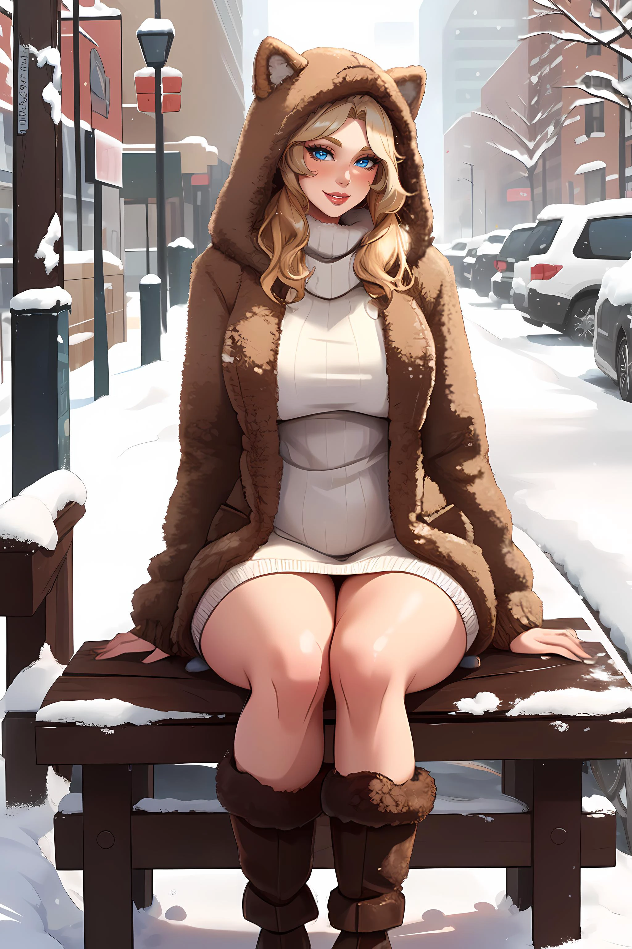 swedish milf, blonde hair, curvy body, blue eyes, cute smile,
(white wool:1.6) knit sweater dress, ugg boots with fur,
outside during a snowy winter, cityscape, natural lighting, nostalgic, sitting on a bench, knees together, feet down,
<lora:b34rc04t:0.8> b34rc04t, fuzzy jacket, open coat, animal hood,
<lora:age_slider_v6:1.4> <lora:detail_slider_v4:1.6>