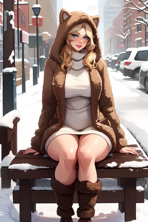 swedish milf, blonde hair, curvy body, blue eyes, cute smile,
(white wool:1.6) knit sweater dress, ugg boots with fur,
outside during a snowy winter, cityscape, natural lighting, nostalgic, sitting on a bench,  knees together, feet down,
<lora:b34rc04t:0.8> b34rc04t, fuzzy jacket, open coat, animal hood,
 <lora:age_slider_v6:1.4> <lora:detail_slider_v4:1.6>