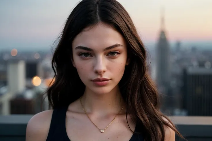 photo of gorgeous (d3v4c4ss3l-135:0.99), a beautiful woman, perfect hair, (smiling), (modern photo), (Road Sign Brown tank top), 85mm lens, f16 aperture, (analog, cinematic, film grain:1.3), (A chic rooftop bar with city views:1.2), detailed eyes, seductive pose, (epicPhoto), (looking at viewer:1.1), necklace, (cinematic shot:1.3), (natural lighting), PA7_Portrait-HL_v2