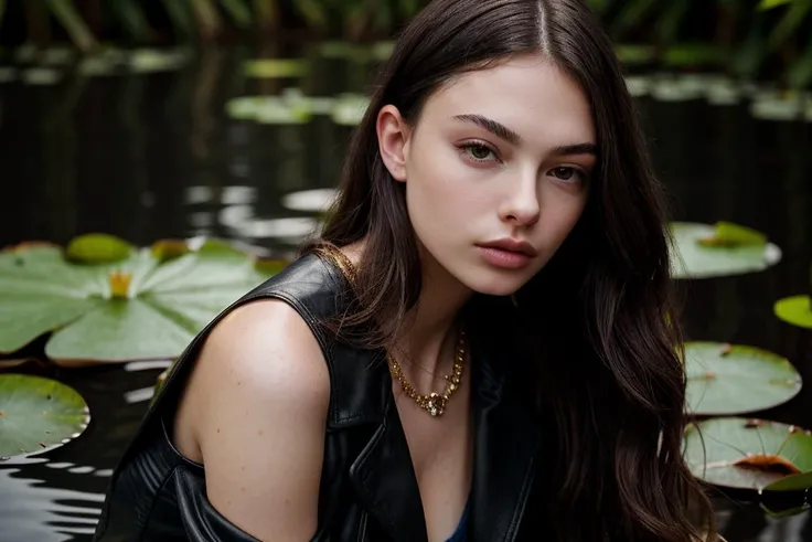 photo of gorgeous (d3v4c4ss3l-135:0.99), a beautiful woman, perfect hair, (serious), (modern photo), (Caramel leather jacket and long sleeve top), 85mm lens, f16 aperture, (analog, cinematic, film grain:1.3), (A serene lily pad-covered pond:1.2), detailed eyes, seductive pose, (epicPhoto), (looking at viewer:1.1), necklace, (cinematic shot:1.3), (natural lighting), PA7_Portrait-HL_v2