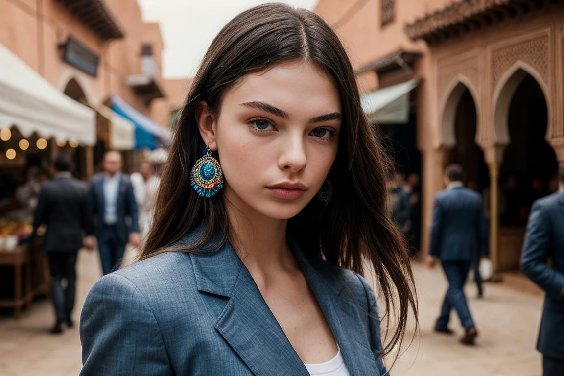 photo of gorgeous (d3v4c4ss3l-135:0.99), a beautiful woman, perfect hair, (serious), (modern photo), (Light blue elegant suit), 85mm lens, f16 aperture, (analog, cinematic, film grain:1.3), (A bustling, colorful street market in Marrakesh:1.2), detailed eyes, seductive pose, (epicPhoto), (looking at viewer:1.1), earrings, (cinematic shot:1.3), (natural lighting), PA7_Portrait-HL_v2
