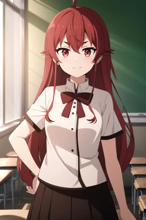 (high quality, high resolution:1.3), 4k, masterpiece, detailed background, indoors, school, classroom,
BREAK
1girl, solo, standing, <lora:è¾èä¸2V:0.5>, eris greyrat,1girl,solo,red hair,ahoge,bangs,hair between eyes,thick eyebrows,red eyes, looking at viewer, smile, upper body, breasts, small breasts, short sleeves, long hair, shorts, school uniform, white shirt, black skirt, short skirt, <lora:NoiseOffset_v2:1.0>