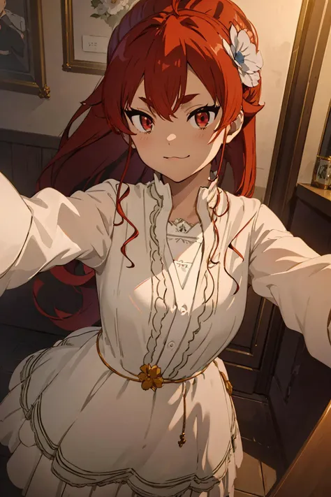 ErisGreyDance,1girl,solo,red hair,red eyes,ponytail,bangs,long hair,thick eyebrows,ahoge,ponytail,hairband,hair between eyes,flower
dress,long sleeves,white dress,frills,large breasts, :3,smug,nsfw
<lora:ErisGreyDance-000008:1:JSH>
(selfie:1.5), (masterpiece:1,2), best quality, masterpiece, highres, original, extremely detailed wallpaper, perfect lighting,(extremely detailed CG:1.2),