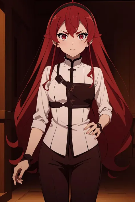 annoyed,tsundere,glaring,night,
<lora:è¾èä¸4V:0.9>,è¾èä¸,1girl,solo,red hair,ahoge,bangs,hair between eyes,thick eyebrows,red eyes,indoors,
åè©ç½è¡«,hairband,very long hair,long hair,white collar,white shirt,chest protector,black pants,capri pants,brown footwear,black gloves,, Exquisite visuals, high-definition,masterpiece,best quality,Exquisite visuals,high-definition,masterpiece,best quality,18yo,Young female,Beautiful Fingers,Beautiful long legs,Beautiful body,Beautiful character design,