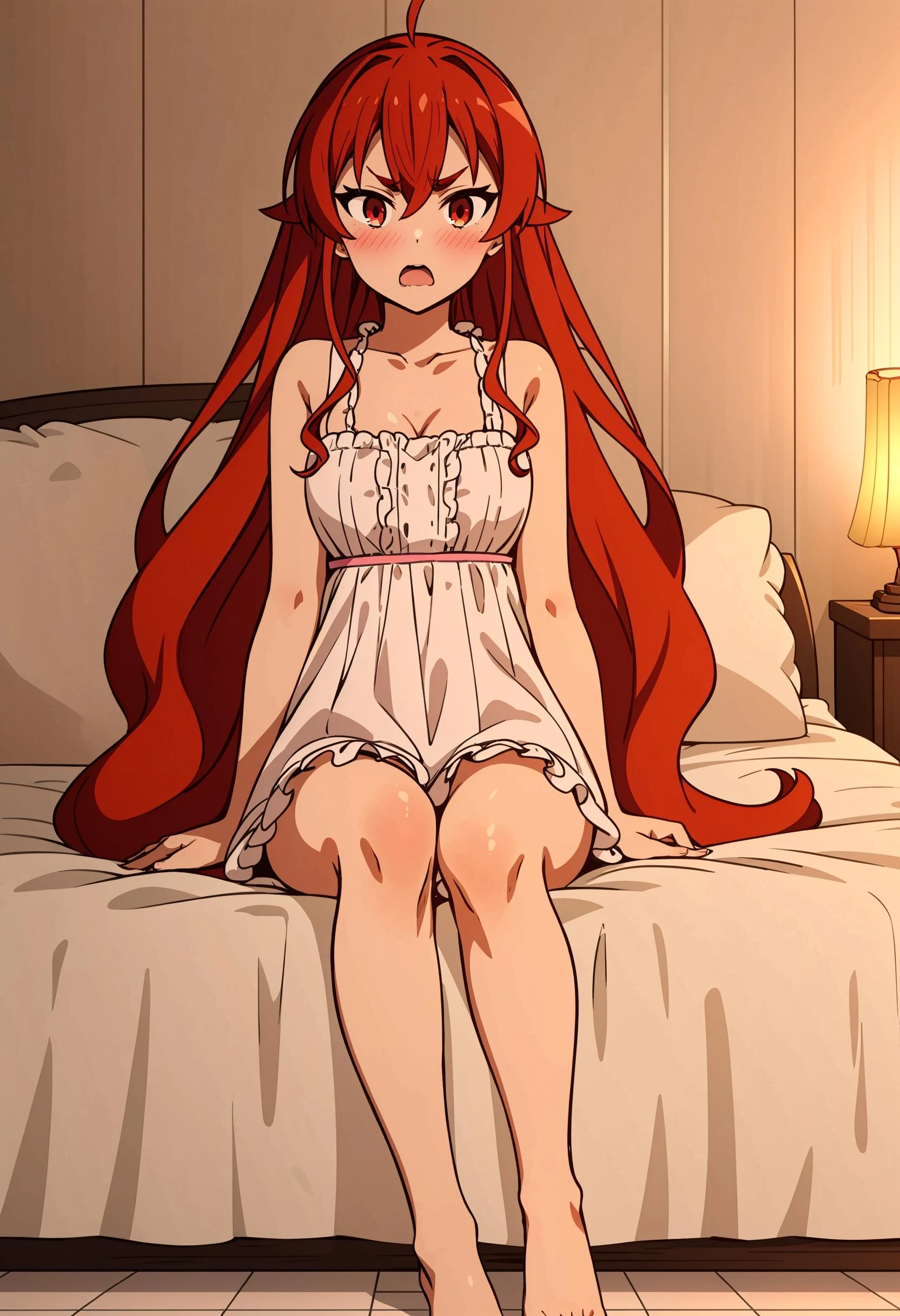 (solo:1.5),è¾èä¸,1girl,red hair,ahoge,bangs,hair between eyes,thick eyebrows,red eyes,<lora:è¾èä¸4V:0.8>,nsfw,shy,tsundere,glaring,blush,wavy mouth,sitting on bed,pillow,bed sheet,light,ç½ç¡è¡£,long hair,very long hair,white dress,white pajamas,bare shoulders,medium breasts,bare legs,cleavage,frilled dress,collarbone,bare foot,panorama,tile_floor,open mouth,
<lora:add_detail:0.3>,<lora:è°æ´colorful_V1_lbw:0.3>,panties,tile wall,, Exquisite visuals, high-definition,masterpiece,best quality,Exquisite visuals,high-definition,masterpiece,best quality,18yo,Young female,Beautiful Fingers,Beautiful long legs,Beautiful body,Beautiful character design,