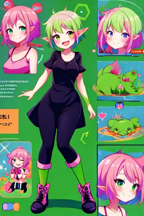 1girl, full body, goblin, short stack, shorty, sharp detail, colourful, vignette, particles, womb tattoo, colorful, anime style, novel illustration, beautiful, digital painting, big expressive eyes, happy smile, excited, hyper, short hair (green and pink), nsfw