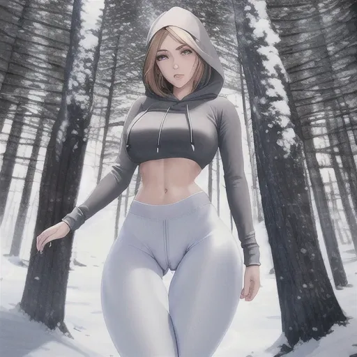 realistic photo of young woman, best quality, masterpiece, wearing leggings and a crop top hoodie, ((big cameltoe)), thigh gap, in a snowy forest, slim, petite, detailed facial features, detailed, symmetry, cinematic lighting, nude