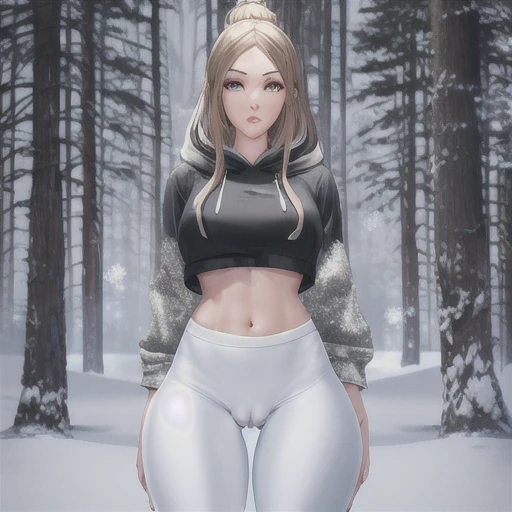 realistic photo of young woman, best quality, masterpiece, wearing leggings and a crop top hoodie, ((big cameltoe)), thigh gap, in a snowy forest, slim, petite, detailed facial features, detailed, symmetry, cinematic lighting, nude