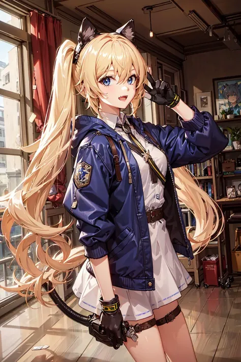 looking at viewer, <lora:mixueer:0.5>, 1girl, solo, blonde hair, blue eyes, jacket, long hair, twintails, open mouth, tail, blue jacket, bandaid, black gloves, hair between eyes, animal ears, smile, fang,