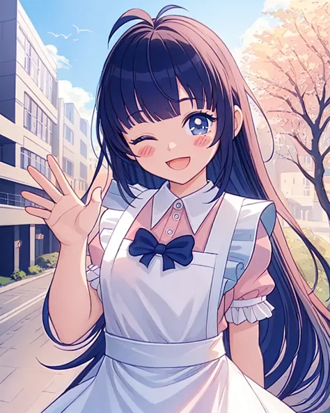 (masterpiece, best quality:1.2) (nostal_gi:1.2) 1girl, long hair, blush stickers, smile, blue hair, pink dress, white apron, collared dress, (blue bow:0.9), blue button, outdoors, (antenna hair:0.7), waving, open mouth, one eye closed wink, blue eyes [ tree, buildings:3]
<lora:nostal-gi:1>