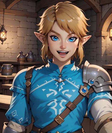 linkxl,short blond hair,pointy ears,blue eyes,
bridal gauntlets,blue tunic,pelvic curtain,looking at viewer,
sitting,open mouth,
mercenary tavern,indoors,teeth,solo,standing,upper body,smiling,<lora:Link-11XL:0.8>,