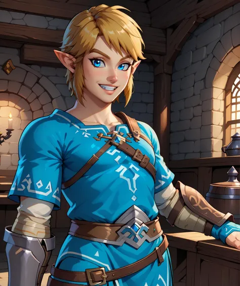 linkxl,short blond hair,pointy ears,blue eyes,
bridal gauntlets,blue tunic,pelvic curtain,
mercenary tavern,indoors,teeth,solo,standing,upper body,smiling,<lora:Link-11XL:0.8>,