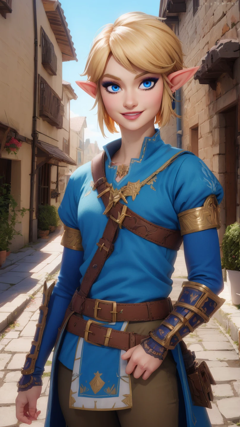 Link,short blond hair,pointy ears,blue eyes,light makeup,
LGear,belt,bridal gauntlets,blue tunic,
mercenary tavern,outside,village,street,
(insanely detailed, beautiful detailed face, masterpiece, best quality) standing,upper body,smiling,
<lora:fbLink-10v6:0.7>,