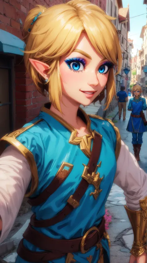 Link,short blond hair,pointy ears,blue eyes,light makeup,
LGear,belt,bridal gauntlets,blue tunic,
mercenary tavern,outside,village,street,
(insanely detailed, beautiful detailed face, masterpiece, best quality) standing,upper body,smiling,
<lora:fbLink-10v6:0.7>,