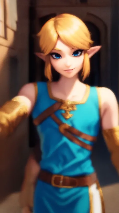 Link,short blond hair,pointy ears,blue eyes,light makeup,
LGear,belt,bridal gauntlets,blue tunic,
mercenary tavern,outside,village,street,
(insanely detailed, beautiful detailed face, masterpiece, best quality) standing,upper body,smiling,
<lora:fbLink-10v6:0.7>,
