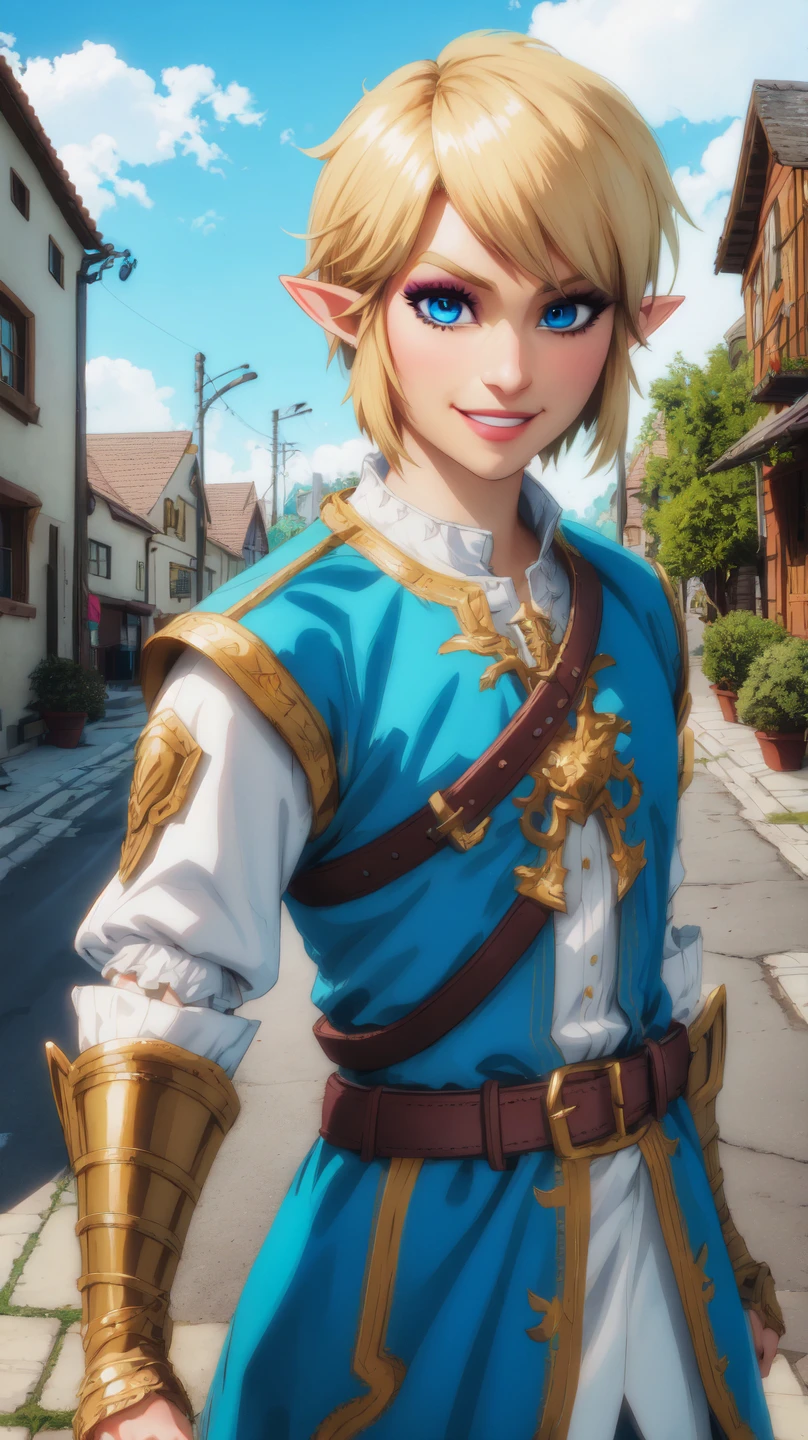 Link,short blond hair,pointy ears,blue eyes,light makeup,
LGear,belt,bridal gauntlets,blue tunic,
mercenary tavern,outside,village,street,
(insanely detailed, beautiful detailed face, masterpiece, best quality) standing,upper body,smiling,
<lora:fbLink-10v6:0.7>,