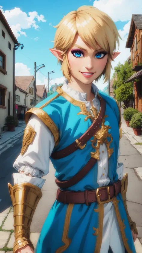 Link,short blond hair,pointy ears,blue eyes,light makeup,
LGear,belt,bridal gauntlets,blue tunic,
mercenary tavern,outside,village,street,
(insanely detailed, beautiful detailed face, masterpiece, best quality) standing,upper body,smiling,
<lora:fbLink-10v6:0.7>,