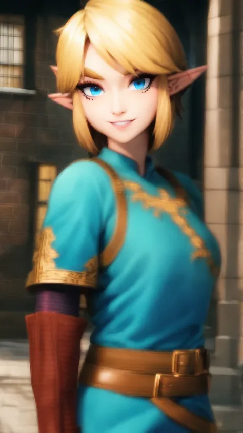 Link,short blond hair,pointy ears,blue eyes,light makeup,
LGear,belt,bridal gauntlets,blue tunic,
mercenary tavern,outside,village,street,
(insanely detailed, beautiful detailed face, masterpiece, best quality) standing,upper body,smiling,
<lora:fbLink-10v6:0.7>,