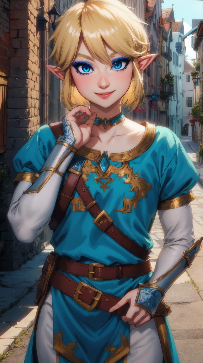 Link,short blond hair,pointy ears,blue eyes,light makeup,
LGear,belt,bridal gauntlets,blue tunic,
mercenary tavern,outside,village,street,
(insanely detailed, beautiful detailed face, masterpiece, best quality) standing,upper body,smiling,
<lora:fbLink-10v6:0.7>,