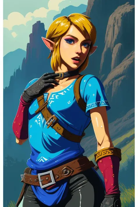 illustrated painting, nsfw, (gay), Well-formed, Link, nude exposed penis, # 80s Wildcard - Women Hair combinations #, pointy ears, (bottomless, showing off smaller erect penis, (erection, detailed penis), RealCumAI:1.3, blue eyes,), light makeup, black leggings ,Shin guards, flat chest, navel, pose, (((Curious facial expression expression))), hips, gauntlets , (telephoto shot), midnight , mountain , wet, (insanely detailed, beautiful detailed face, masterpiece, best quality) standing, upper body, solo, <lora:fbLink-10v6:0.7>,((( detailed illustrated hyrule background))),