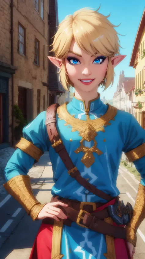 Link,short blond hair,pointy ears,blue eyes,light makeup,
LGear,belt,bridal gauntlets,blue tunic,
mercenary tavern,outside,village,street,
(insanely detailed, beautiful detailed face, masterpiece, best quality) standing,upper body,smiling,
<lora:fbLink-10v6:0.7>,