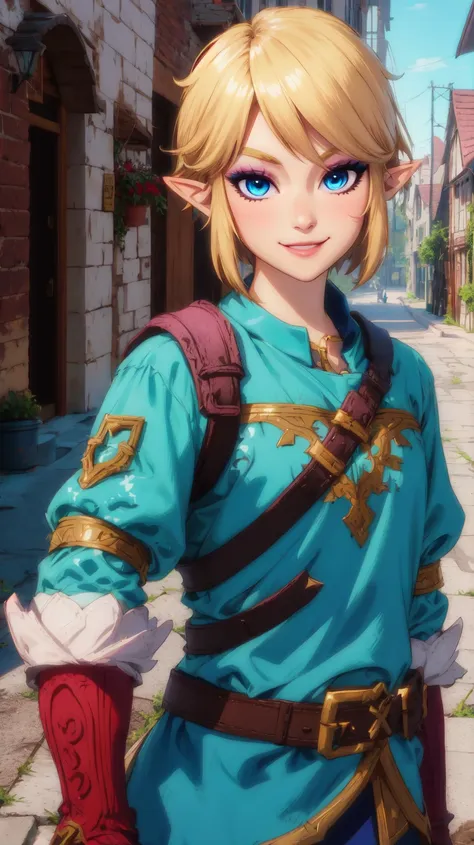 Link,short blond hair,pointy ears,blue eyes,light makeup,
LGear,belt,bridal gauntlets,pink tunic,
mercenary tavern,outside,village,street,
(insanely detailed, beautiful detailed face, masterpiece, best quality) standing,upper body,smiling,
<lora:fbLink-10v6:0.7>,