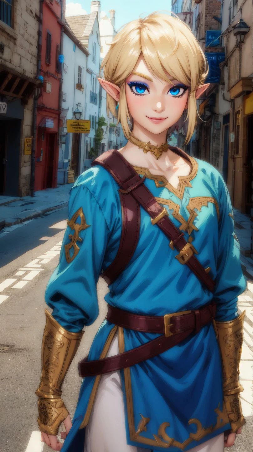 Link,short blond hair,pointy ears,blue eyes,light makeup,
LGear,belt,bridal gauntlets,blue tunic,
mercenary tavern,outside,village,street,
(insanely detailed, beautiful detailed face, masterpiece, best quality) standing,upper body,smiling,
<lora:fbLink-10v6:0.7>,