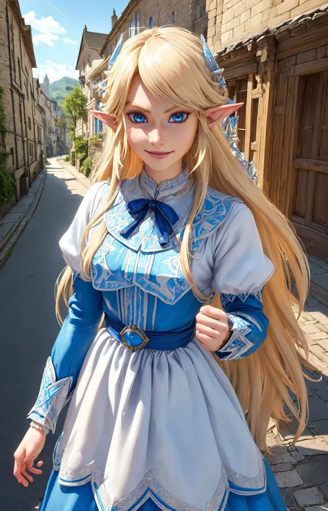 Link,(1boy),long blond hair,pointy ears,blue eyes,standing,upper body,smiling,LGear,belt,bridal gauntlets,(insanely detailed, beautiful detailed face, masterpiece, best quality),<lora:fbLink-10:0.7>,dress,silk,masterpiece,ultra-detailed,(bluedress:1.2),standing,(ruralcitystreets:1.3),(peoplewalkingaround:1.2),