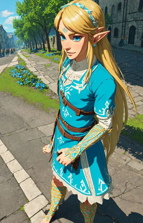 Link,(1boy),long blond hair,pointy ears,blue eyes,standing,upper body,smiling,LGear,belt,bridal gauntlets,(insanely detailed, beautiful detailed face, masterpiece, best quality),<lora:fbLink-10:0.7>,dress,silk,masterpiece,ultra-detailed,(bluedress:1.2),standing,(ruralcitystreets:1.3),(peoplewalkingaround:1.2),crossdressing,<lora:botw_style_offset:0.5>,botw style,