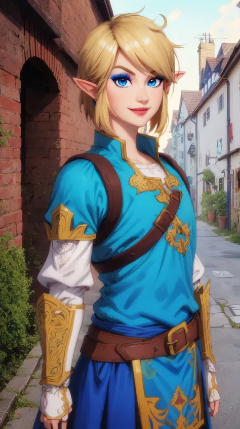 Link,short blond hair,pointy ears,blue eyes,light makeup,
LGear,belt,bridal gauntlets,blue tunic,
mercenary tavern,outside,village,street,
(insanely detailed, beautiful detailed face, masterpiece, best quality) standing,upper body,smiling,
<lora:fbLink-10v6:0.7>,