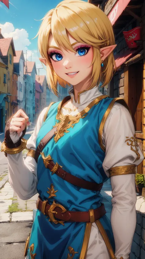Link,short blond hair,pointy ears,blue eyes,light makeup,
LGear,belt,bridal gauntlets,pink tunic,
mercenary tavern,outside,village,street,
(insanely detailed, beautiful detailed face, masterpiece, best quality) standing,upper body,smiling,
<lora:fbLink-10v6:0.7>,