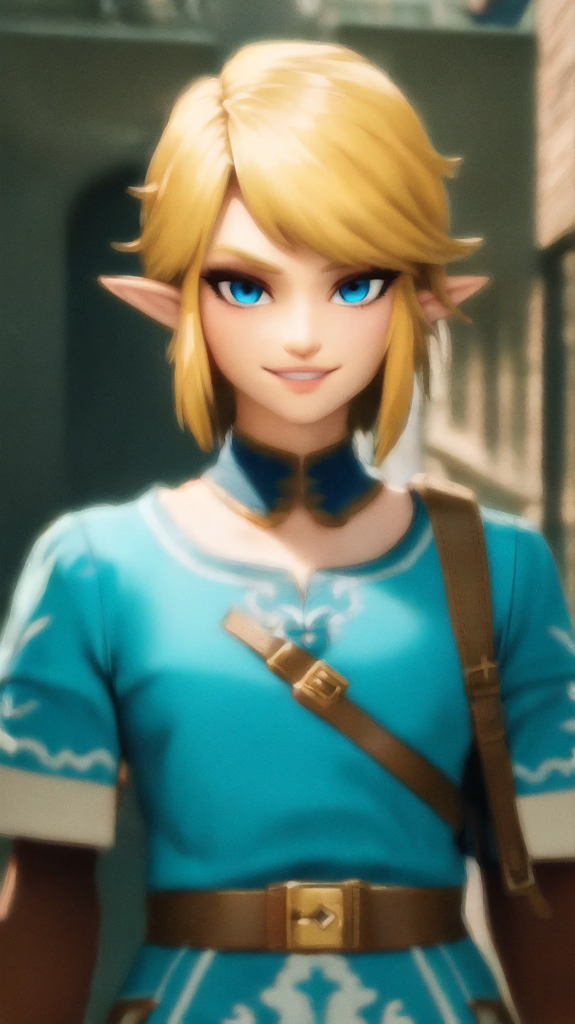 Link,short blond hair,pointy ears,blue eyes,light makeup,
LGear,belt,bridal gauntlets,blue tunic,
mercenary tavern,outside,village,street,
(insanely detailed, beautiful detailed face, masterpiece, best quality) standing,upper body,smiling,
<lora:fbLink-10v6:0.7>,