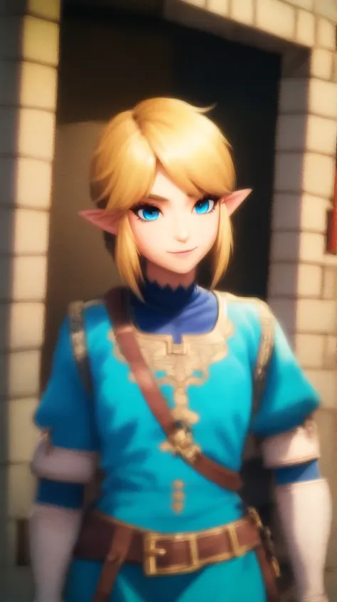 Link,short blond hair,pointy ears,blue eyes,light makeup,
LGear,belt,bridal gauntlets,blue tunic,
mercenary tavern,outside,village,street,
(insanely detailed, beautiful detailed face, masterpiece, best quality) standing,upper body,smiling,
<lora:fbLink-10v6:0.7>,