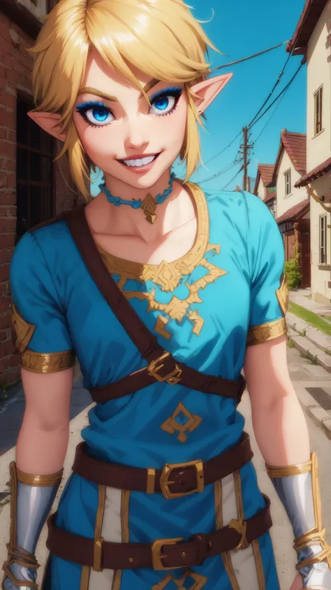 Link,short blond hair,pointy ears,blue eyes,light makeup,
LGear,belt,bridal gauntlets,blue tunic,
mercenary tavern,outside,village,street,
(insanely detailed, beautiful detailed face, masterpiece, best quality) standing,upper body,smiling,
<lora:fbLink-10v6:0.7>,
