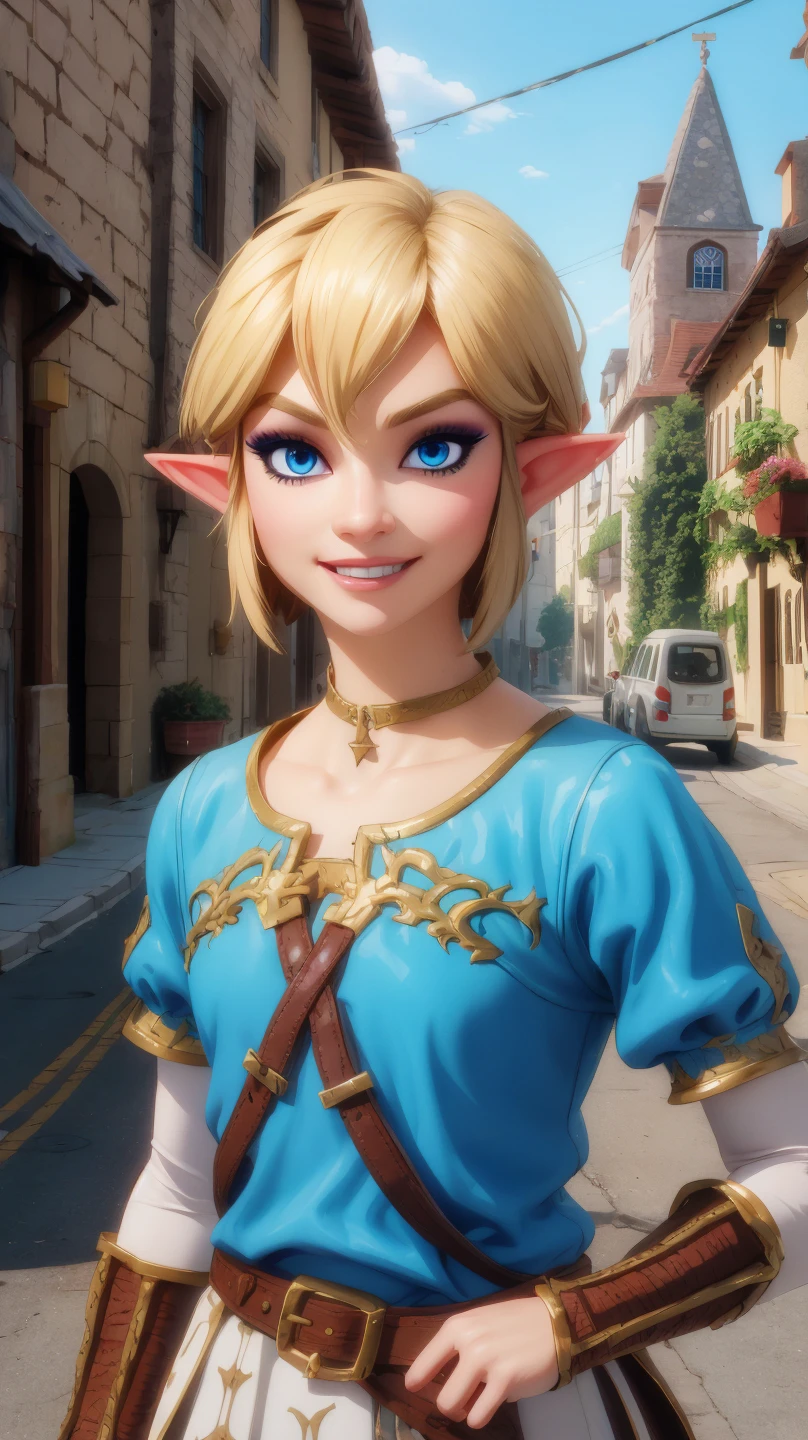 Link,short blond hair,pointy ears,blue eyes,light makeup,
LGear,belt,bridal gauntlets,blue tunic,
mercenary tavern,outside,village,street,
(insanely detailed, beautiful detailed face, masterpiece, best quality) standing,upper body,smiling,
<lora:fbLink-10v6:0.7>,