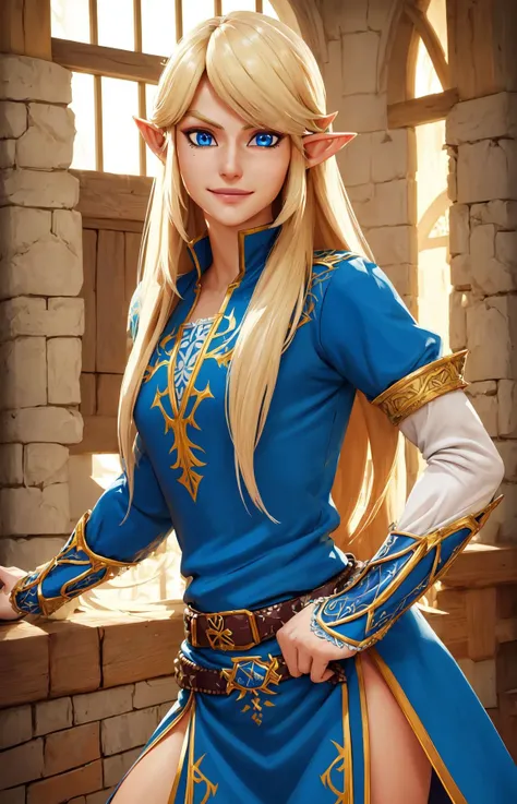 Link,long blond hair,pointy ears,blue eyes,standing,upper body,smiling,LGear,belt,bridal gauntlets,blue tunic,mercenary tavern,(insanely detailed, beautiful detailed face, masterpiece, best quality),<lora:fbLink-10:0.7>,dress,silk,