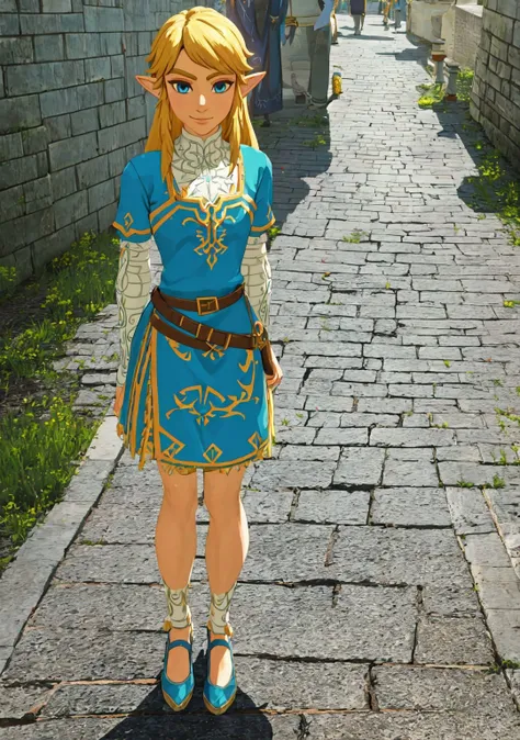 Link,long blond hair,pointy ears,blue eyes,standing,upper body,smiling,LGear,belt,bridal gauntlets,(insanely detailed, beautiful detailed face, masterpiece, best quality),<lora:fbLink-10:0.7>,dress,silk,masterpiece,ultra-detailed,(bluedress:1.2),standing,(ruralcitystreets:1.3),(peoplewalkingaround:1.2),crossdressing,<lora:botw_style_offset:0.5>,botw style,flat chest,facing viewer,