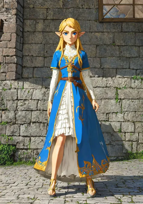 Link,long blond hair,pointy ears,blue eyes,standing,upper body,smiling,LGear,belt,bridal gauntlets,(insanely detailed, beautiful detailed face, masterpiece, best quality),<lora:fbLink-10:0.7>,dress,silk,masterpiece,ultra-detailed,(bluedress:1.2),standing,(ruralcitystreets:1.3),(peoplewalkingaround:1.2),crossdressing,<lora:botw_style_offset:0.5>,botw style,flat chest,facing viewer,