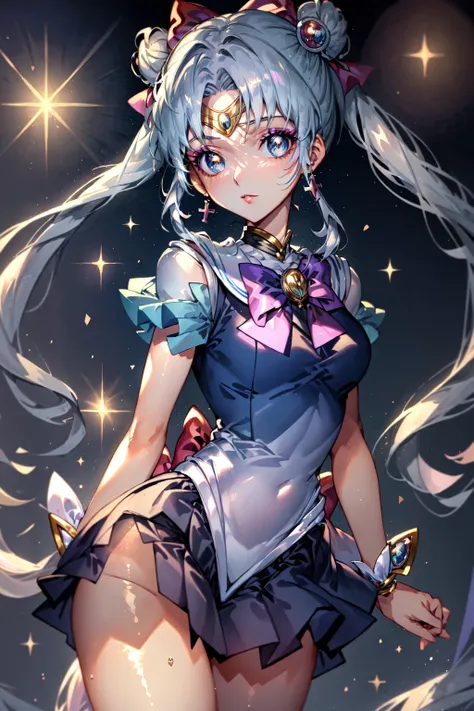 <lora:AI_Lora:1> Tex Mex Burrito Style, masterpiece, best quality, 1girl,  solo,  makeup, twin tails, hair buns, sailor moon, sailor school uniform, sera fuuku, sailor scout uniform, multicolored hair, white hair, bangs, eyeshadow, cross, hair bow, bow, lipstick, hair ornament,