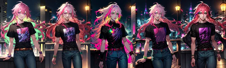<lora:AI_Lora:0.9> Tex Mex Burrito Style, (highres:1.1), best quality, (masterpiece:1.3), beautiful lighting, intricate (high detail:1.2), 1boy, solo, transgender male, two tone hair, multicolored hair, white hair, pink hair, red hair, green hair, purple eyes, long hair, wearing a black and pink anime tshirt, denim jeans, makeup, wristband, lipstick, jewelry, depth of field, science fiction, cyberpunk, balcony, cityscape, beautiful night sky, (summer:1.2), wind swept hair,{specular highlights : beautiful lighting : volumetric lighting},fxaa