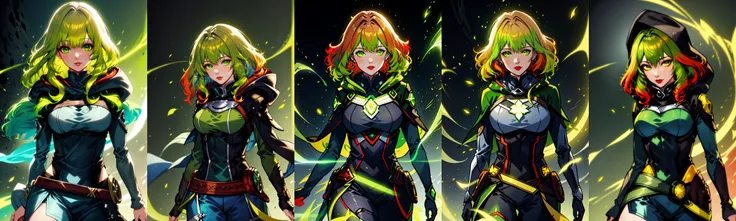 <lora:AI_Lora:0.9> Tex Mex Burrito Style, masterpiece, best quality, 1girl, red lips, solo, green eyes, green and yellow body suit, curly hair, multicolored hair, white hair, auburn hair, two-tone hair,ombre , Rogue of the X-men, Anna Lebeau, bangs, hood, side lighting, skiny skin, superhero,best illustration,