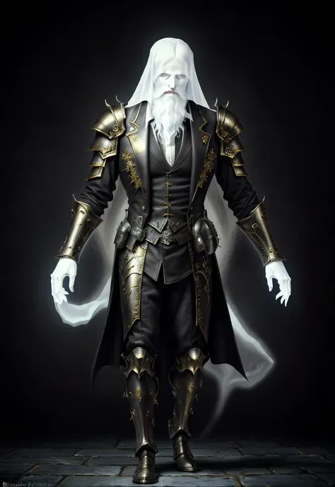 <lora:NecromancyAI:1>, (masterpiece, cinematic lighting, sharpen, 4k, HD, very detailed, detailed face) NecromancyAI, (Old Ghost Man, Paladin, 80 years old):1.3, ((thick beard, short hair, gray hair)), photorealistic painting art by midjourney, (((full body, a full-body view:1.3))), ((detailed clothing)), (((simple background, black background))), closed eyes, tarnished gold armor, sad face, looking at viewer, (((Ghost))), ((Pale skin, white skin))