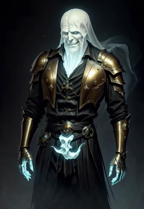 <lora:NecromancyAI:1>, (masterpiece, cinematic lighting, sharpen, 4k, HD, very detailed, detailed face) NecromancyAI, (Old Ghost Man, Paladin, 80 years old):1.3, thick beard, short hair, gray hair, photorealistic painting art by midjourney, (full body, a full-body view:1.3), ((detailed clothing)), (((simple background, black background))), closed eyes, tarnished gold armor, sad face, looking at viewer, (((Ghost))), Hold still