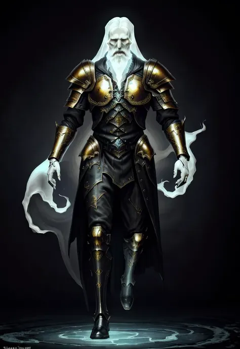 <lora:NecromancyAI:1>, (masterpiece, cinematic lighting, sharpen, 4k, HD, very detailed, detailed face) NecromancyAI, (Old Ghost Man, Paladin, 80 years old):1.3, ((thick beard, short hair, gray hair)), photorealistic painting art by midjourney, (((full body, a full-body view:1.3))), ((detailed clothing)), (((simple background, black background))), closed eyes, tarnished gold armor, sad face, looking at viewer, (((Ghost))), Hold still. ((Pale skin, white skin))