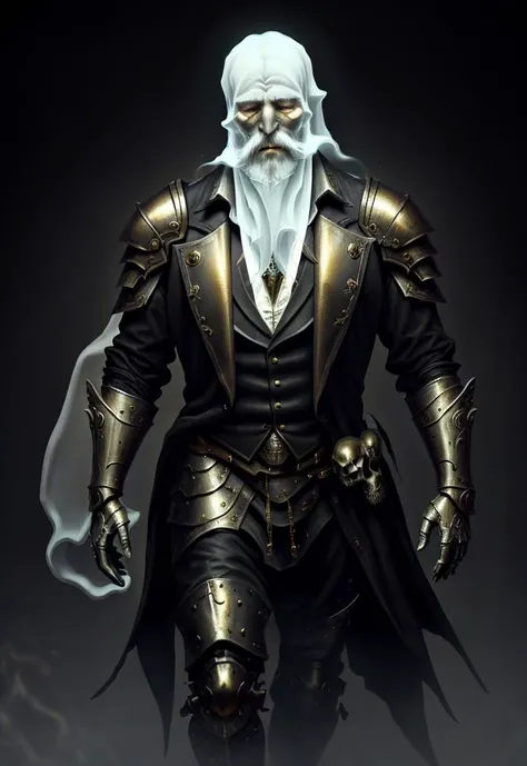 <lora:NecromancyAI:1>, (masterpiece, cinematic lighting, sharpen, 4k, HD, very detailed, detailed face) NecromancyAI, (Old Ghost Man, Paladin, 80 years old):1.3, ((thick beard, short hair, gray hair)), photorealistic painting art by midjourney, (full body, a full-body view:1.3), ((detailed clothing)), (((simple background, black background))), closed eyes, tarnished gold armor, sad face, looking at viewer, (((Ghost))), Hold still. ((Pale skin, white skin))