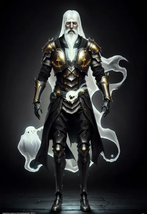 <lora:NecromancyAI:1>, (masterpiece, cinematic lighting, sharpen, 4k, HD, very detailed, detailed face) NecromancyAI, (Old Ghost Man, Paladin, 80 years old):1.3, ((thick beard, short hair, gray hair)), photorealistic painting art by midjourney, (((full body, a full-body view:1.3))), ((detailed clothing)), (((simple background, black background))), closed eyes, tarnished gold armor, sad face, looking at viewer, (((Ghost))), ((Pale skin, white skin))